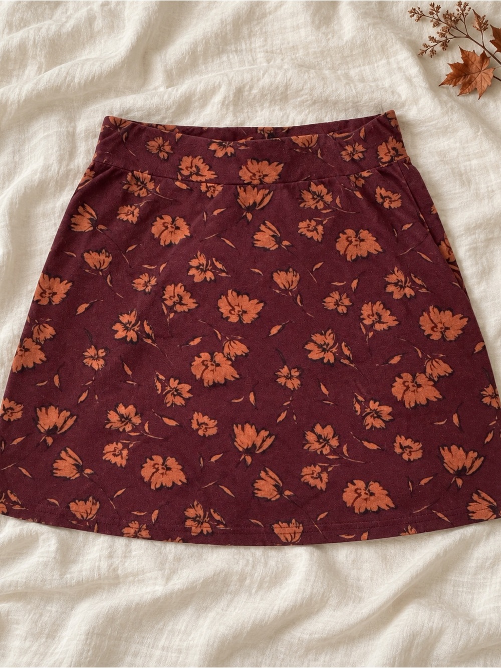 Pact Floral A-Line Skirt Small Burgundy Orange Organic Cotton Cottagecore Fall S - Picture 2 of 6